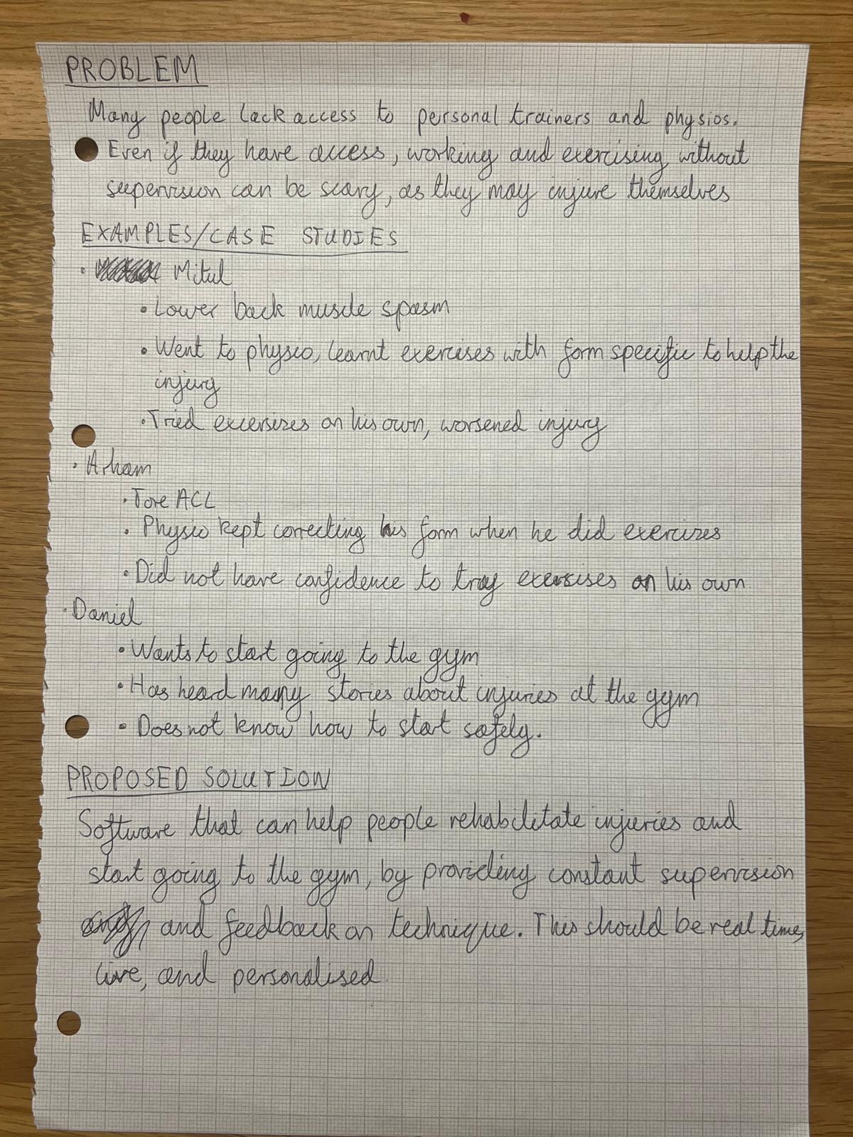 Handwritten AI Personal Trainer ideation notes