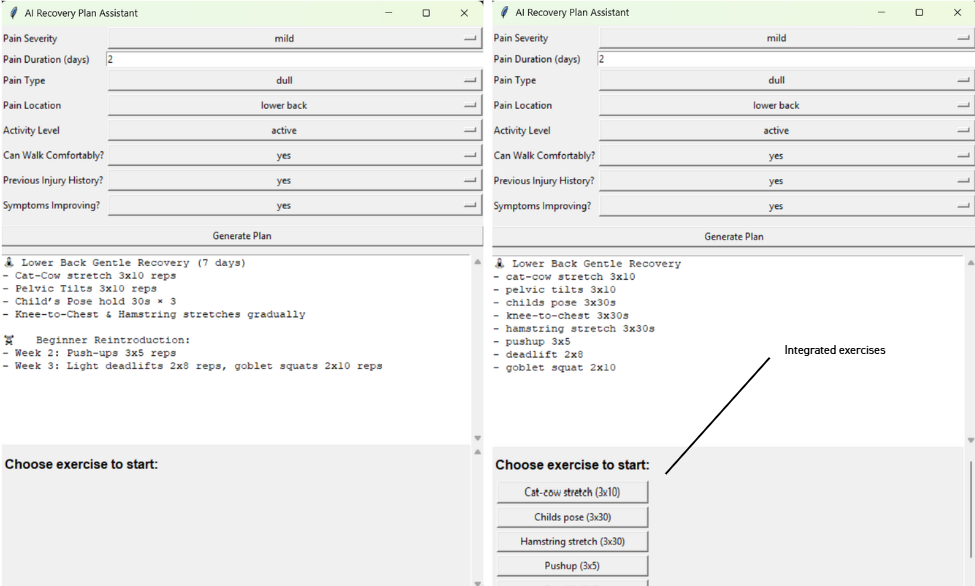 AI Personal Trainer GUI before and after backend integration