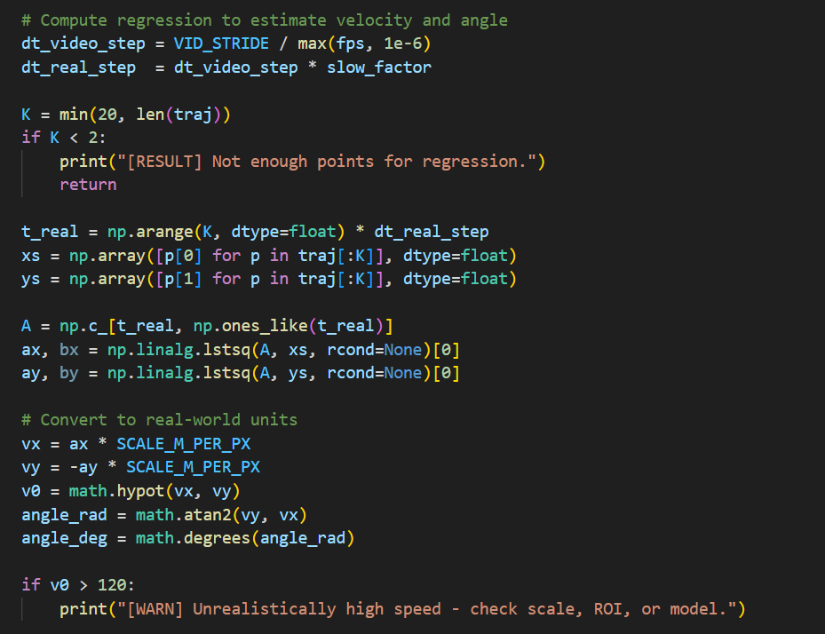 Velocity and launch-angle calculation code