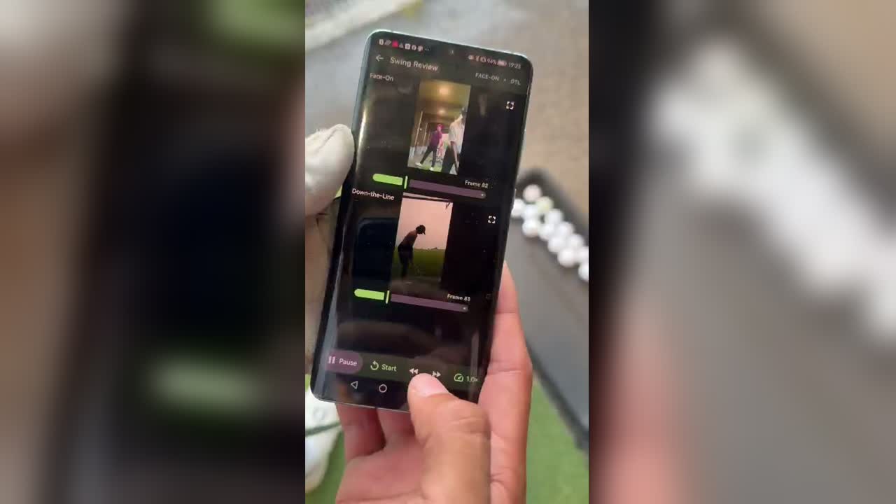 GolfCam Android swing review showing two synchronised golf swing angles